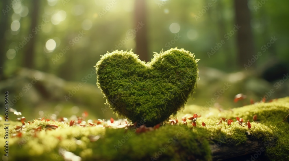 Moss heart at the forest, in the style of romantic and nostalgic themes