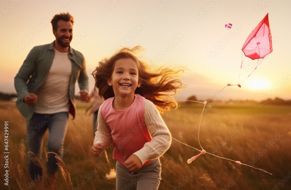 People are running through the field with a kite flying in the wind