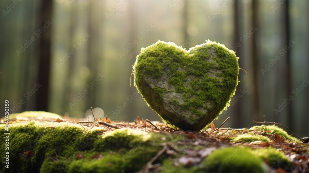 Moss heart at the forest, in the style of romantic and nostalgic themes