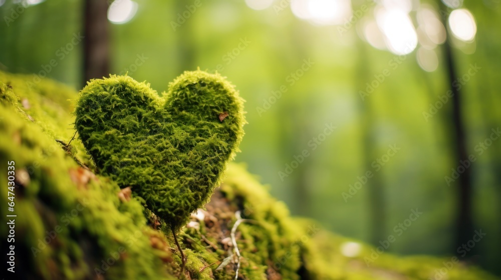 Moss heart at the forest, in the style of romantic and nostalgic themes