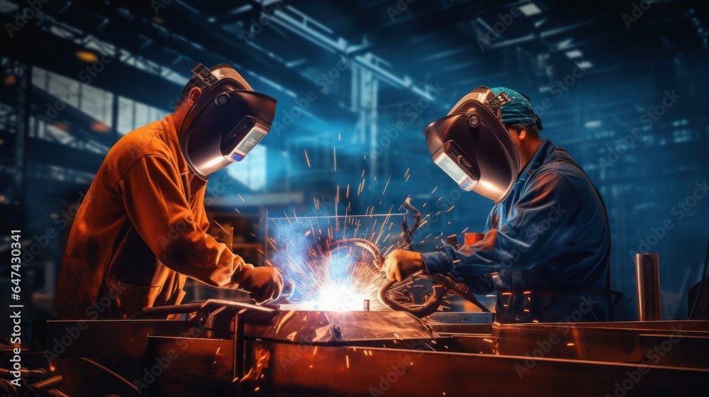 Workers are welding metal at an industrial factory