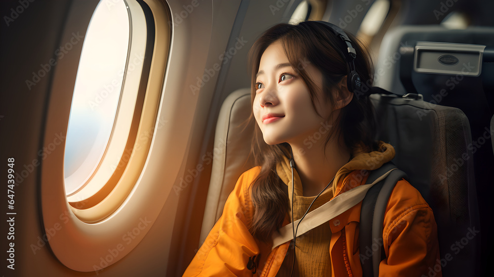 Asian young woman traveler sitting near windows and looking out the window on airplane during flight