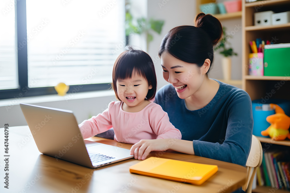 Happy asian mother teaching children learning computer laptop on a online class at home, mother and 