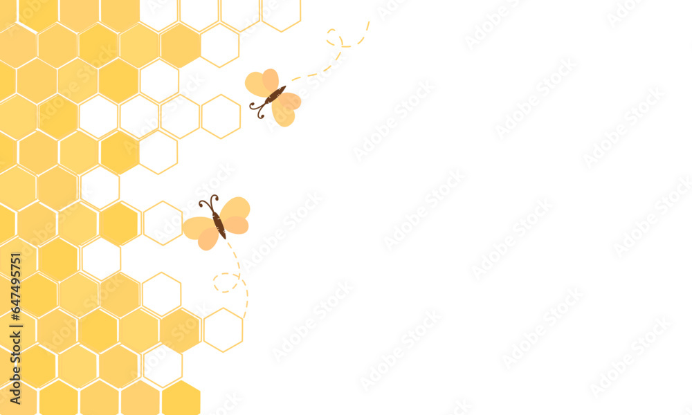 Beehive honey sign with hexagon grid cells and butterfly cartoons on white background.