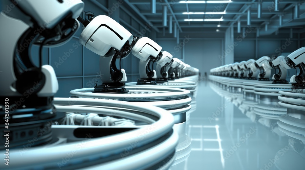 Production line with robotic arms, Robotic arm in futuristic assembly manufacturing factory.