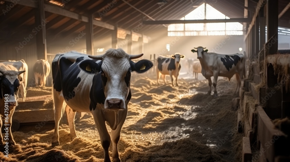 Cows are standing inside cowshed.