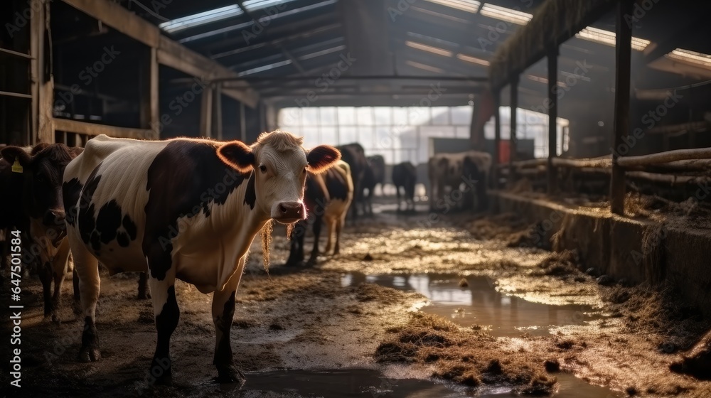 Cows are standing inside cowshed.