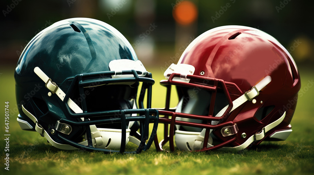 A red and dark green football helmet facing each other, Signifying a versus match on a football fiel