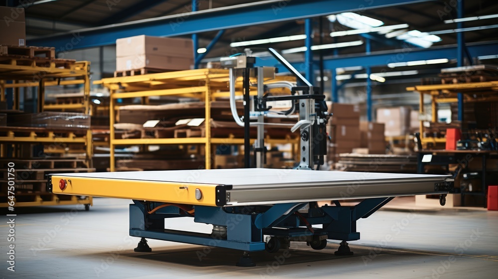 A small and a medium sized hydraulic lift table being used in a warehouse.