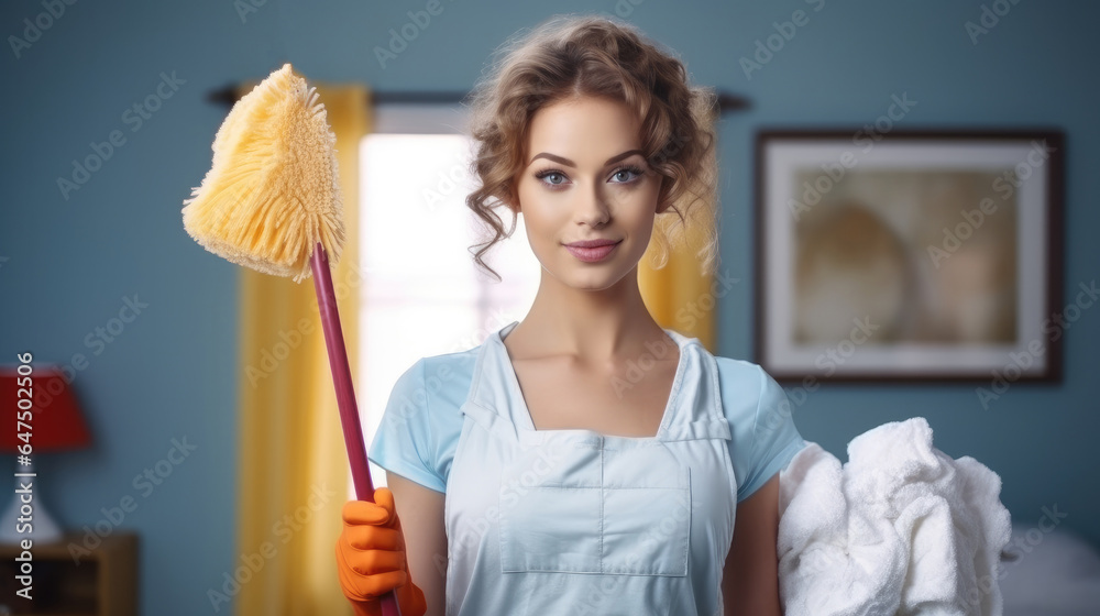 Young housewife ready to clean of housework.