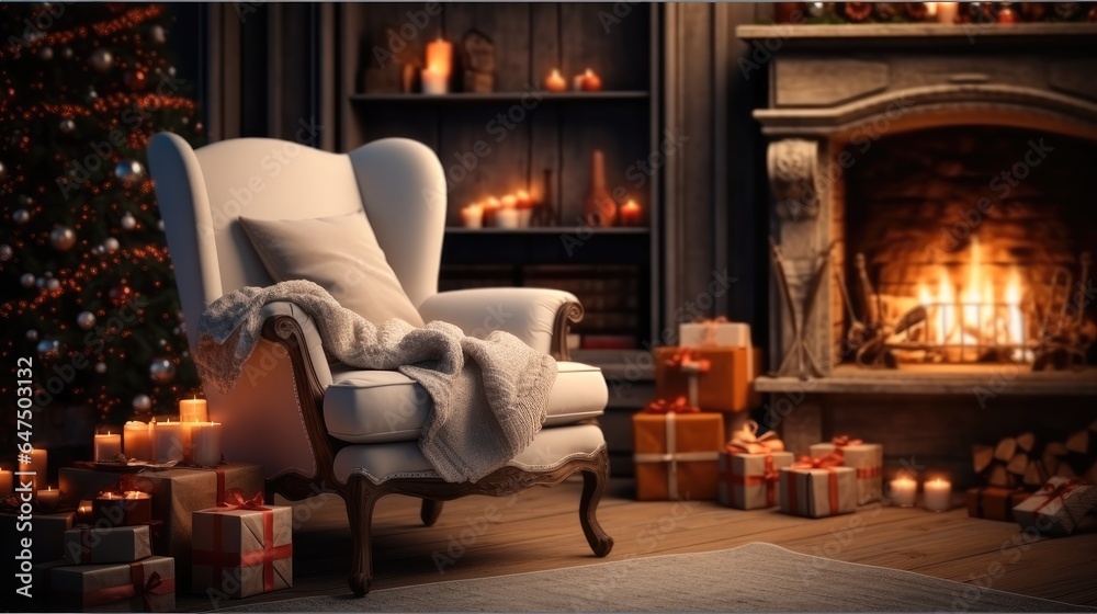 Christmas Home Decor, Cozy chair by a warm fireplace, Christmas holidays.