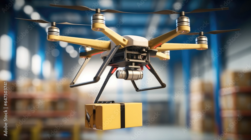 Drone flying delivery transferring parcel in distribution warehouse.