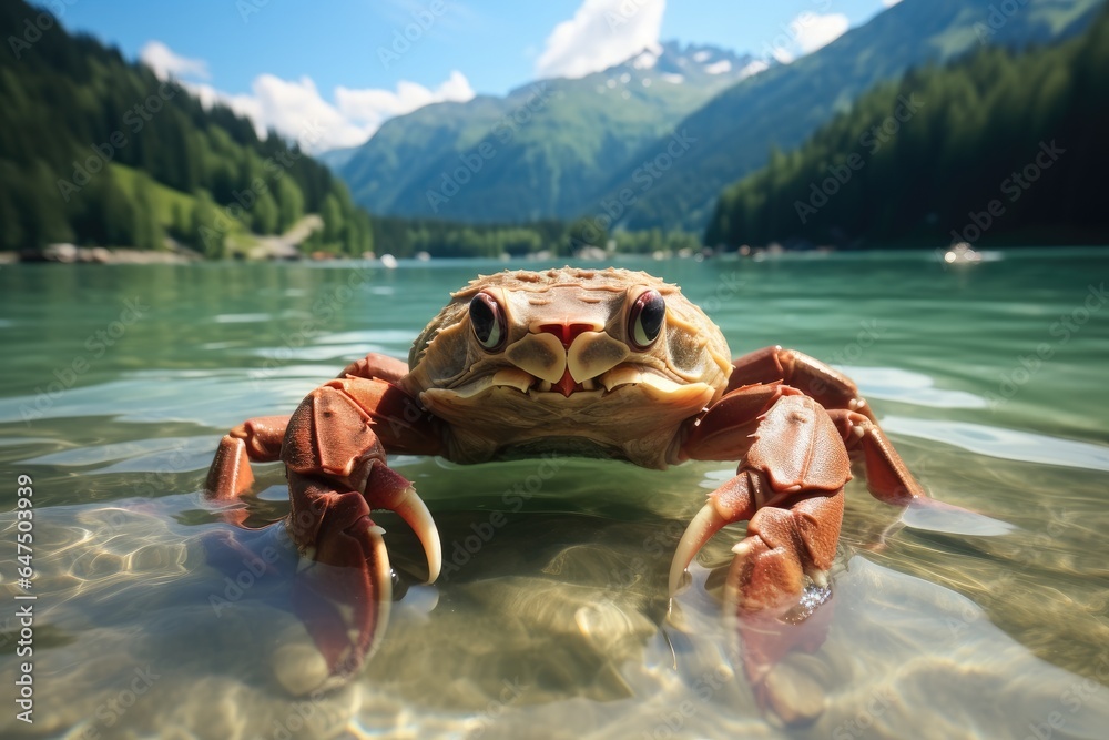 Fresh hairy crabs are in the lake with surrounded by green mountains.