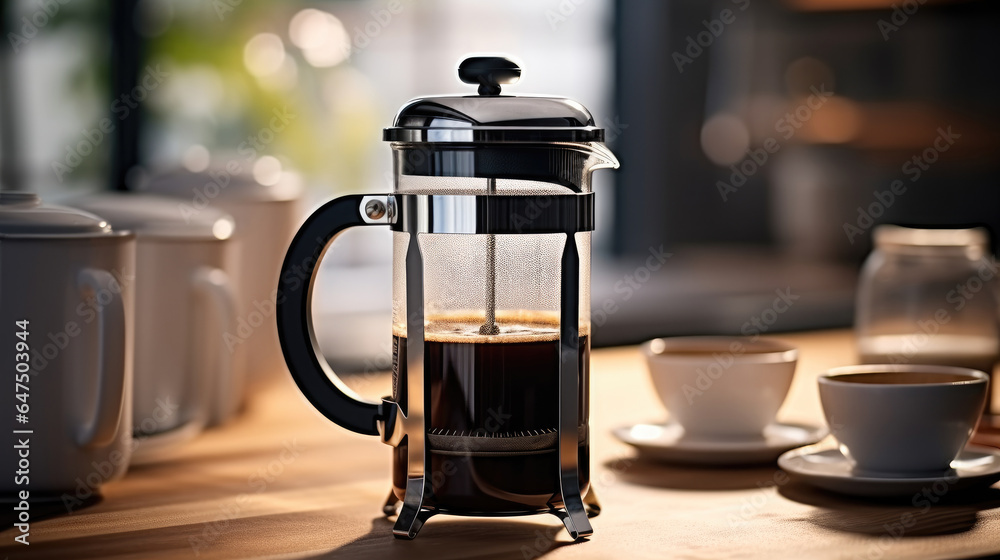 Coffee maker with black tea or espresso coffee on the kitchen.