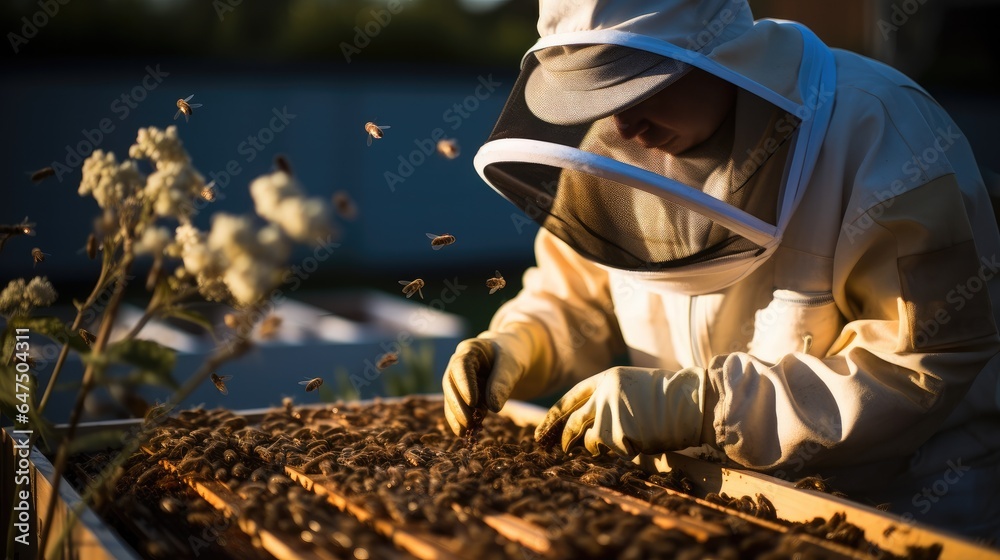 Happy beekeeper with part of beehive in apiary.