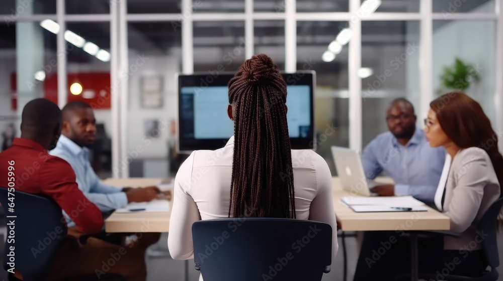 HR manager interviewing group of African American People for job.