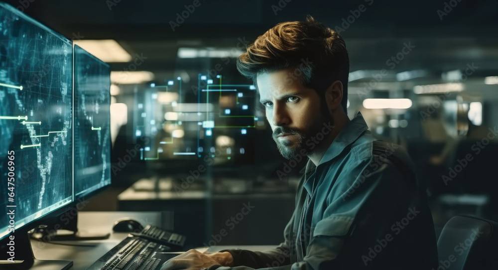 Male system security specialist working on computer at system control center.