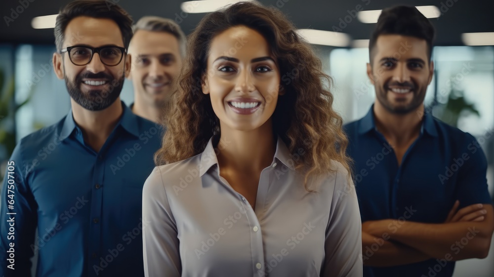 Happy Middle Aged Female CEO Standing in Front of Her Team in office.