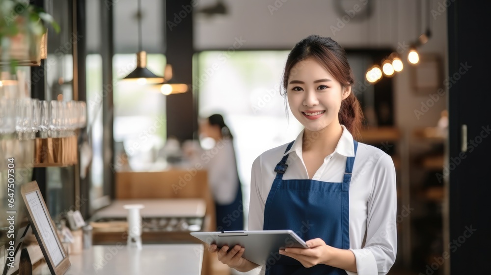 Asian small business owner stand with tablet on front of coffee shop restaurant, SME entrepreneur se