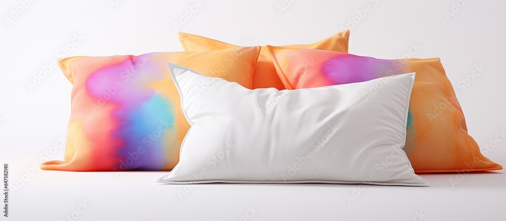 Colorful cushions on bed against a white backdrop