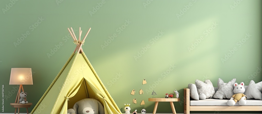 a gray sofa and kids tent on a light green wall in a mockup children s room