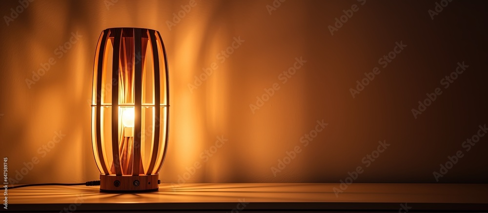 A photo of a tall wooden lamp indoors