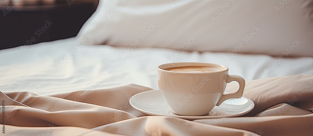 Coffee on bed in hotel