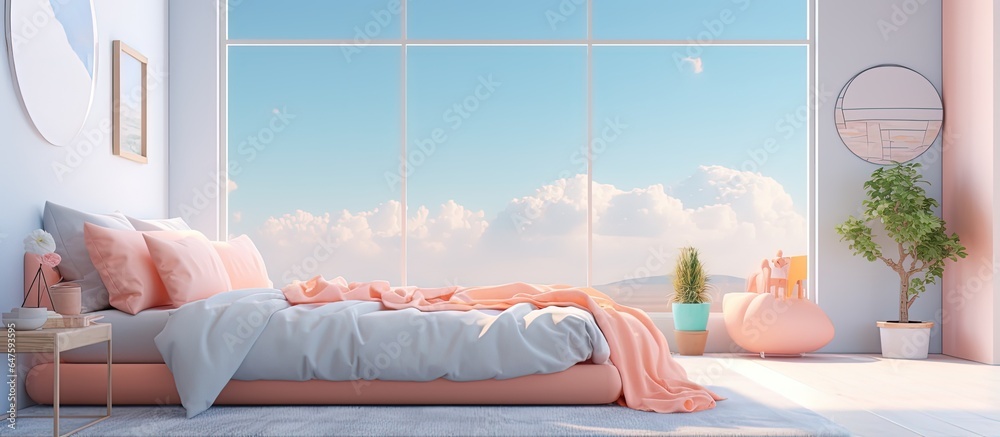 Bright illustration of a cozy bed by a window with carpet and a bright floor