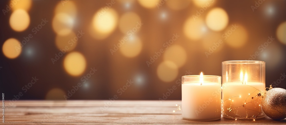 Bokeh lights on a wooden table with a sweater and two candles