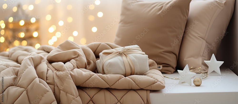 Beige and brown crib bedding set with textured blanket sheets and pillows White baby cot in a nurser