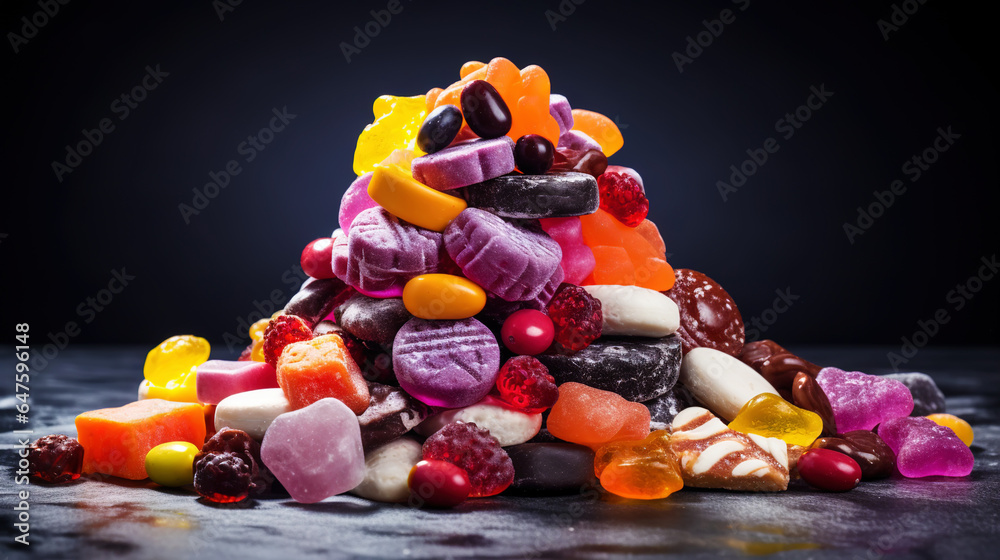 Top view on delicious multicolored candies on black rustic background. Generative AI