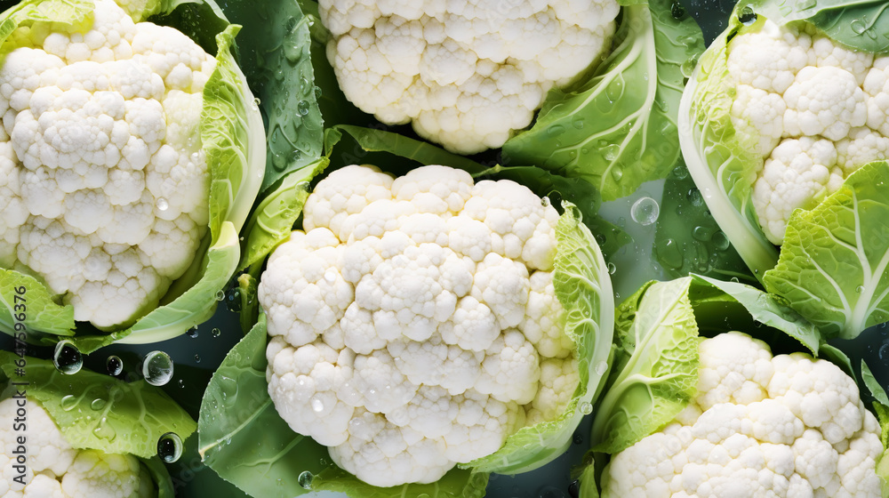 Fresh cauliflowers with water drops background. Vegetables backdrop. Generative AI