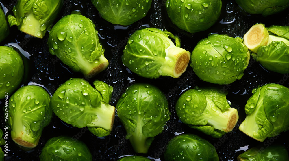 Fresh green brussels sprouts with water drops background. Vegetables backdrop. Generative AI