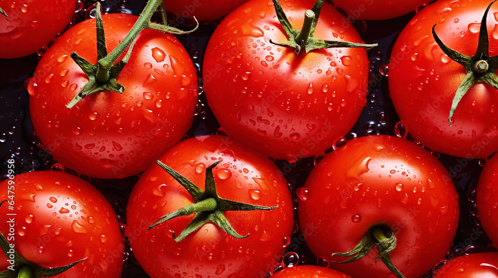 Fresh red tomatoes with water drops background. Vegetables backdrop. Generative AI