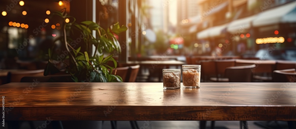 Blurry restaurant in the foreground with a table on top