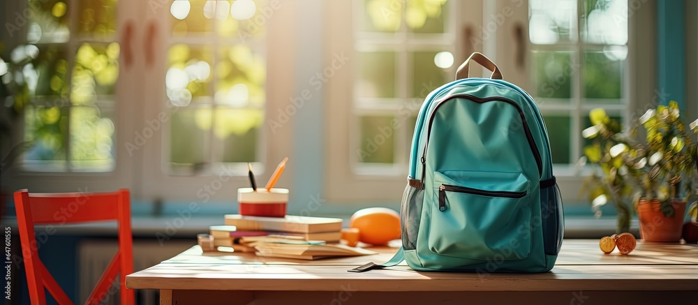 Back to school concept Blue backpack with supplies and computer on table in sunny children s room