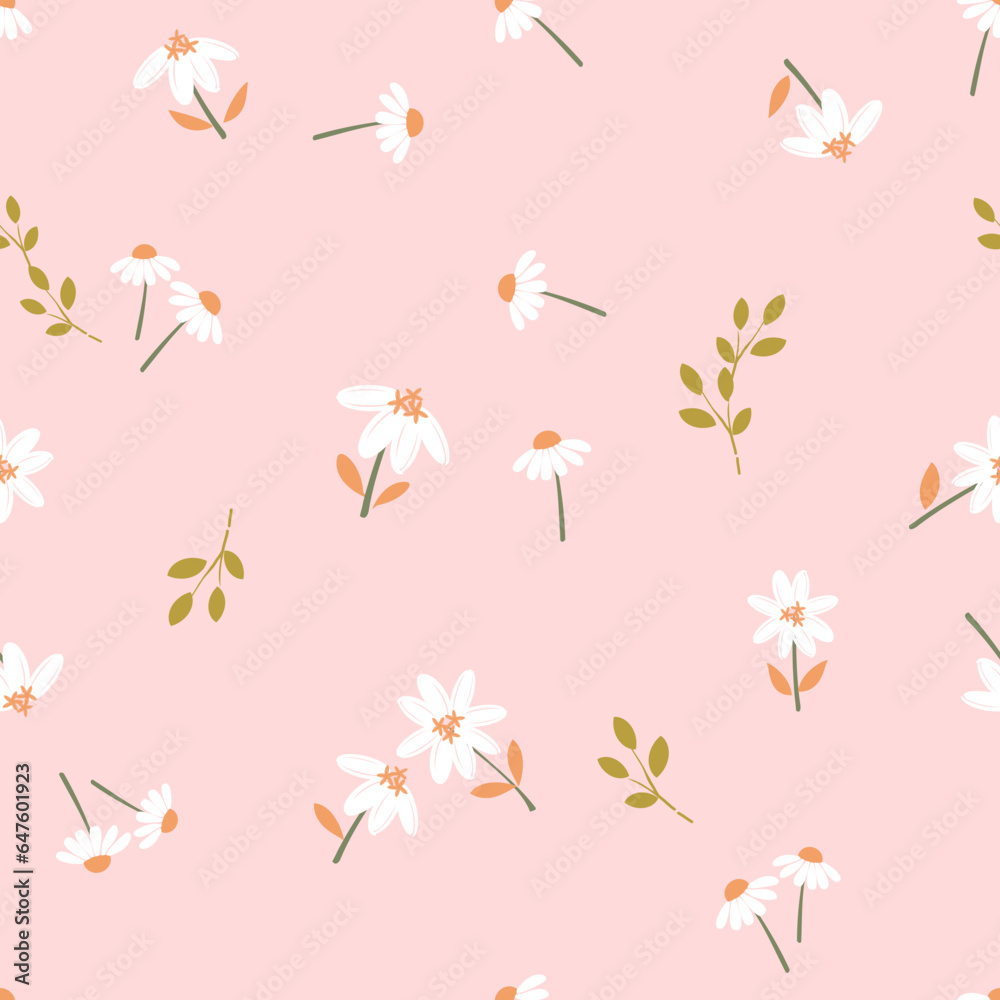 Seamless pattern with wild flower, green branch and daisies on pink background vector. Cute floral p