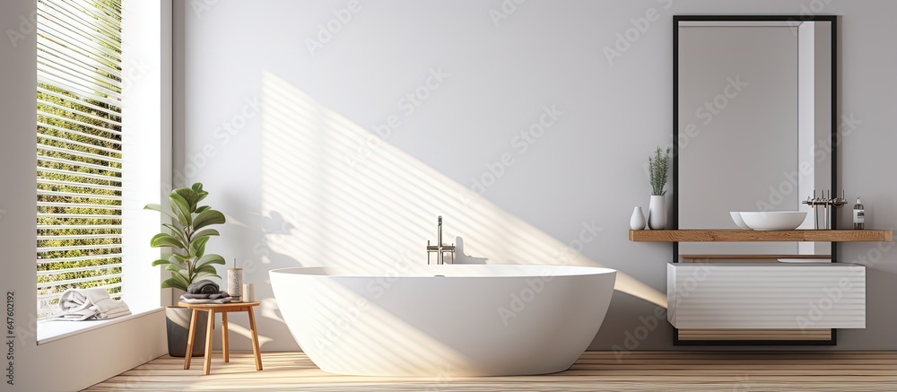 An interior bathroom with a bathtub is illustrated in ing featuring a white mock up design A white p