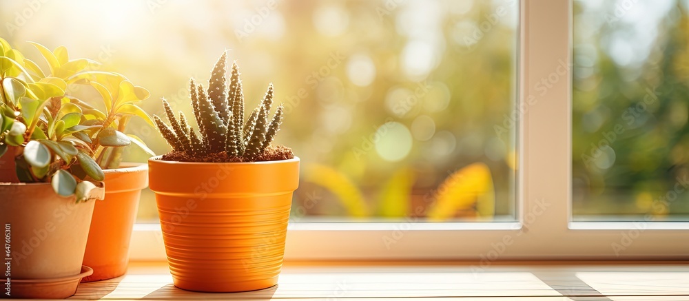 A green house plant on a windowsill against a window background