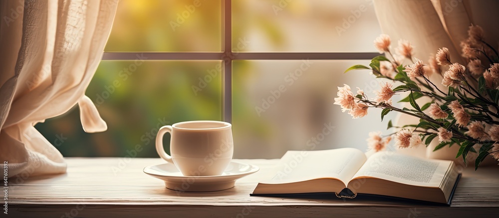 An open book and coffee by a window with lovely curtains