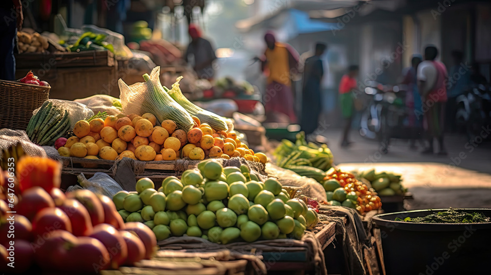 A diversity of vendors and customers, Vegetables and fruits in vegetable market on street. Generativ