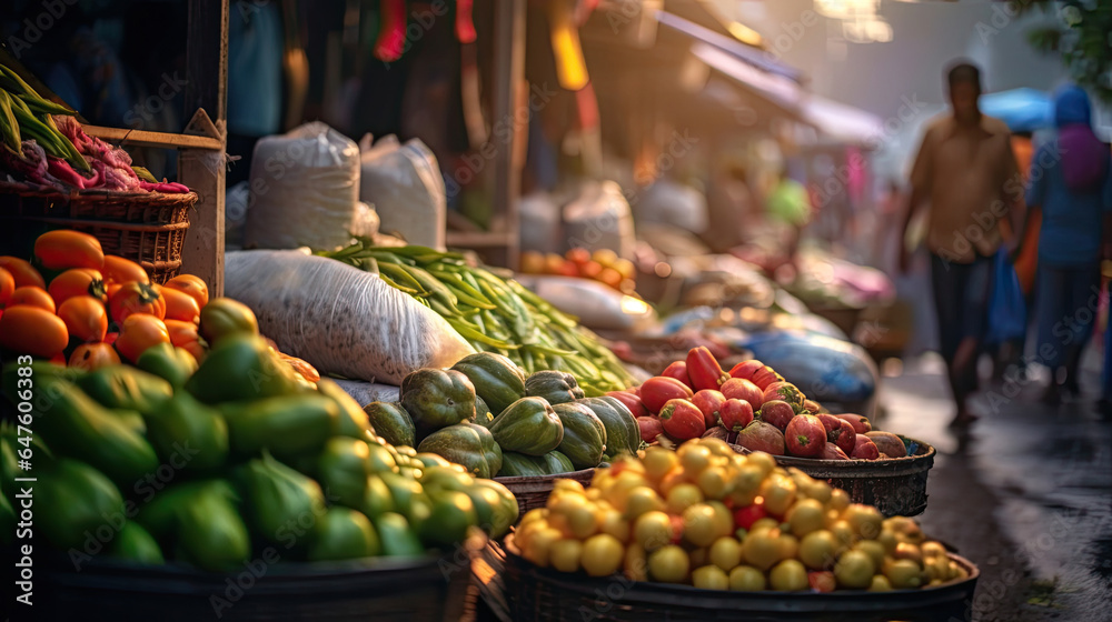 A diversity of vendors and customers, Vegetables and fruits in vegetable market on street. Generativ