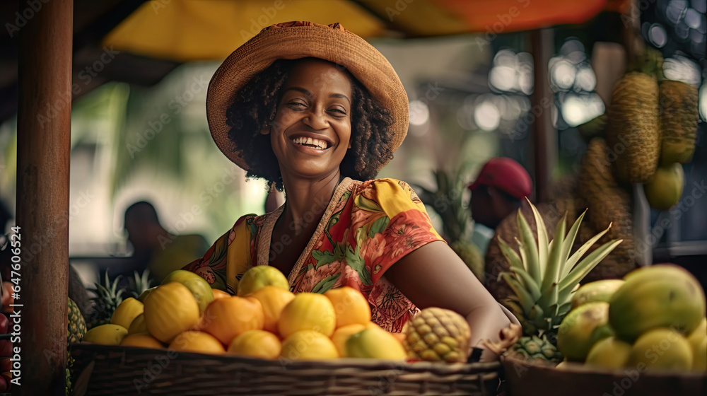 Joyful african american seller woman working in fruit shop. Generative Ai