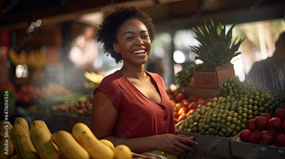 Joyful african american seller woman working in fruit shop. Generative Ai