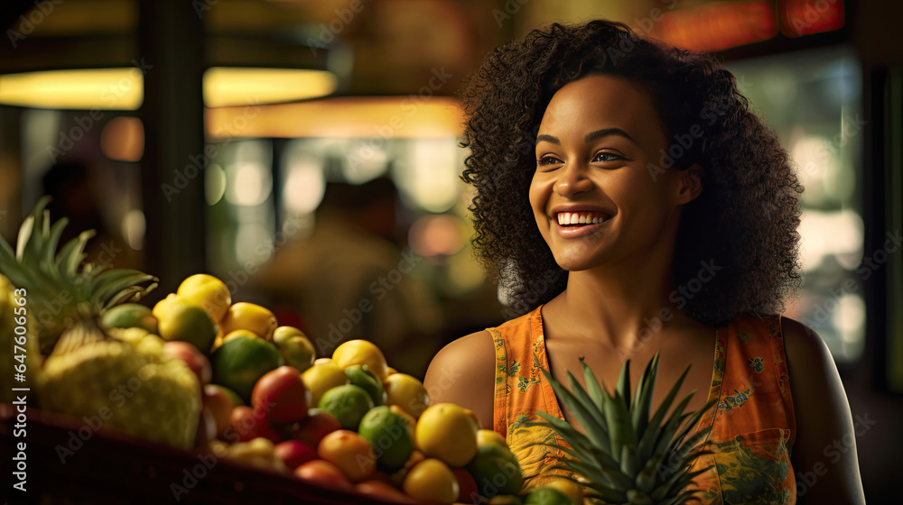 Joyful african american seller woman working in fruit shop. Generative Ai