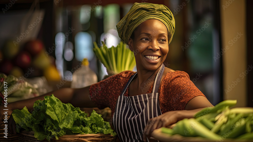 Joyful african american seller woman working in fruit shop. Generative Ai