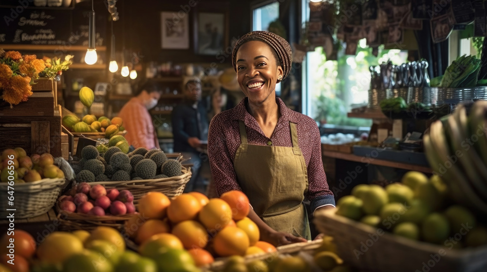 Joyful african american seller woman working in fruit shop. Generative Ai