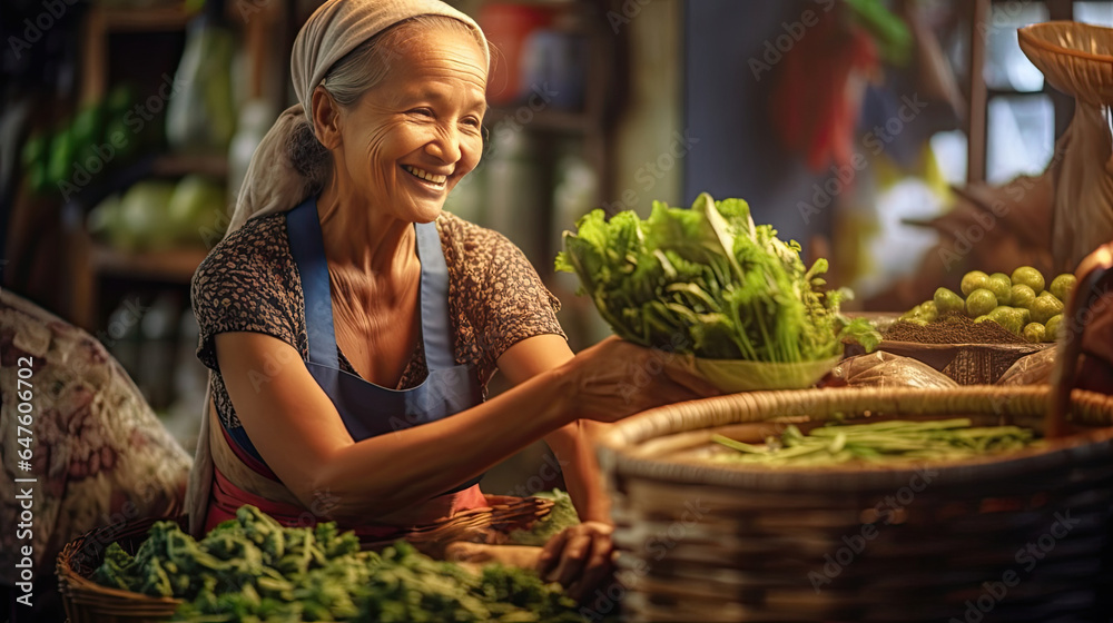 Joyful seller senior woman working in fruit shop. Generative Ai