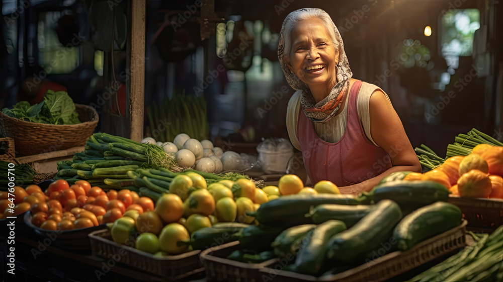 Joyful seller senior woman working in fruit shop. Generative Ai