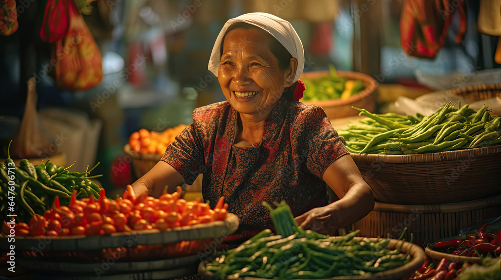 Joyful seller senior woman working in fruit shop. Generative Ai